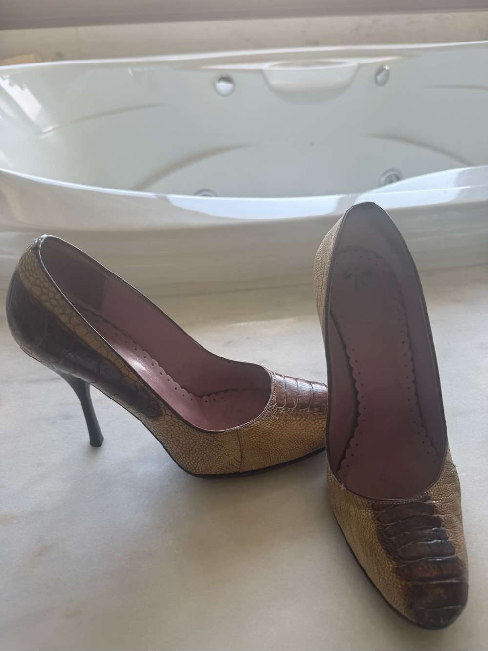 Italian Two-Tone Brown Croc-Embossed High Heel Pumps